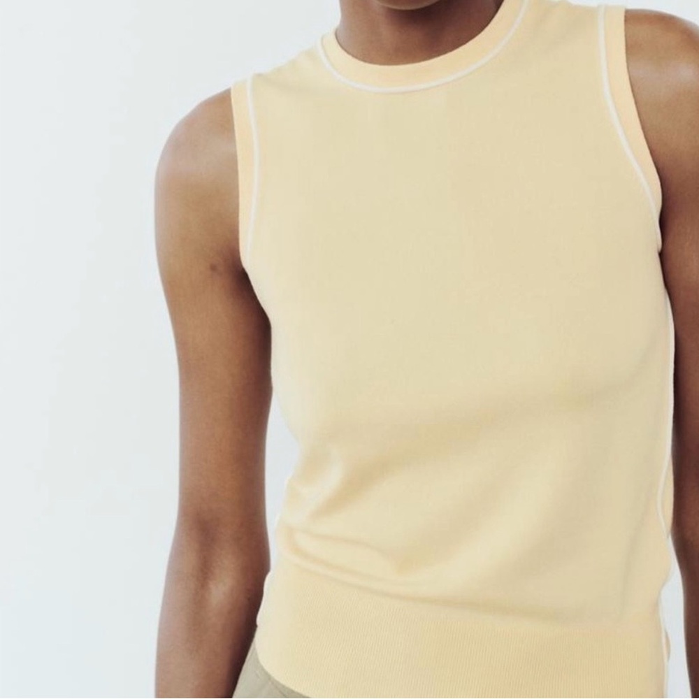 Zara New Basic Knit Viscose Top with Contrast Piping in Butter Yellow NWOT Sz M